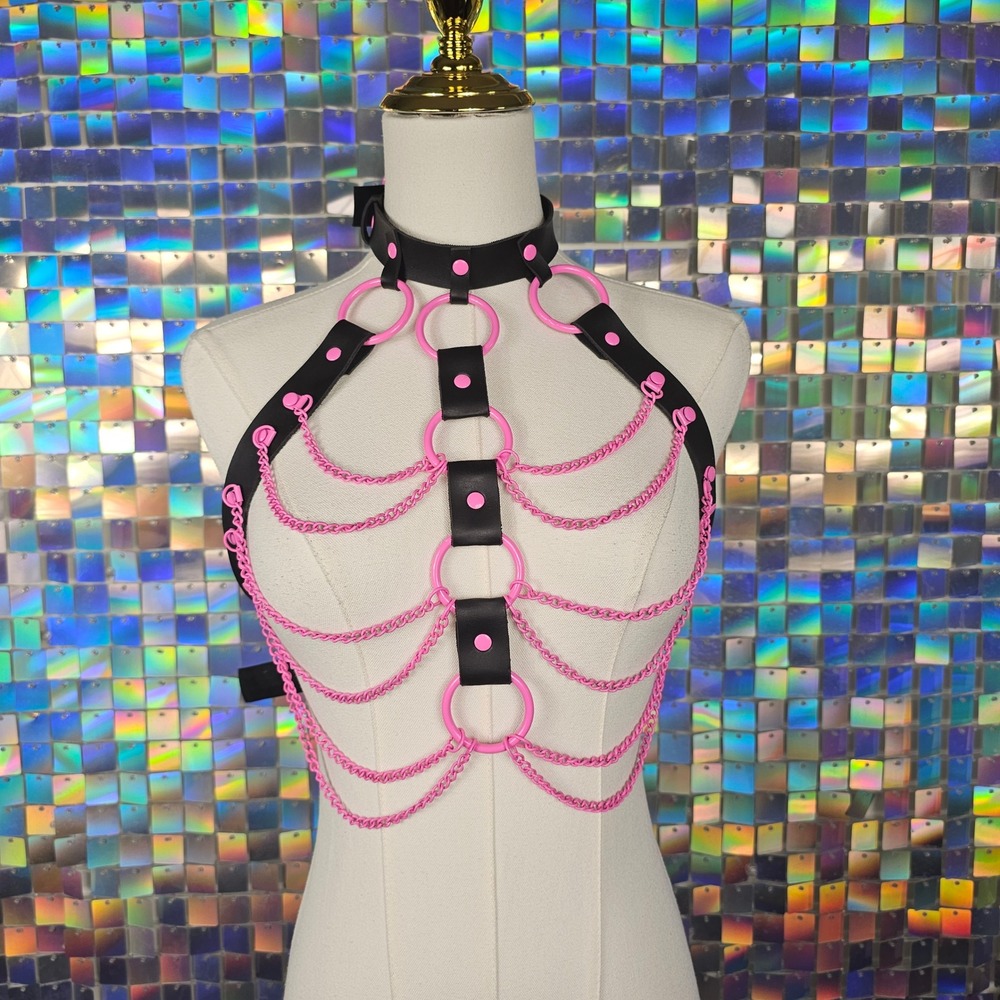 Daisy Corsets Body Harness Women OS Black Pink Faux Leather Chain Draped O-Ring